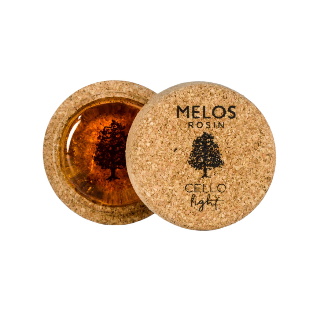 Melos cello rosin light version shown in cork holder
